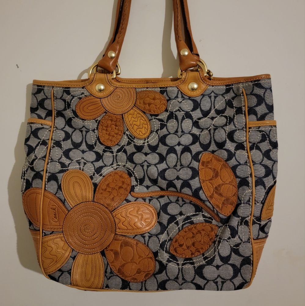 Coach Bleecker Denim Leather Floral Retired Pattern Purse